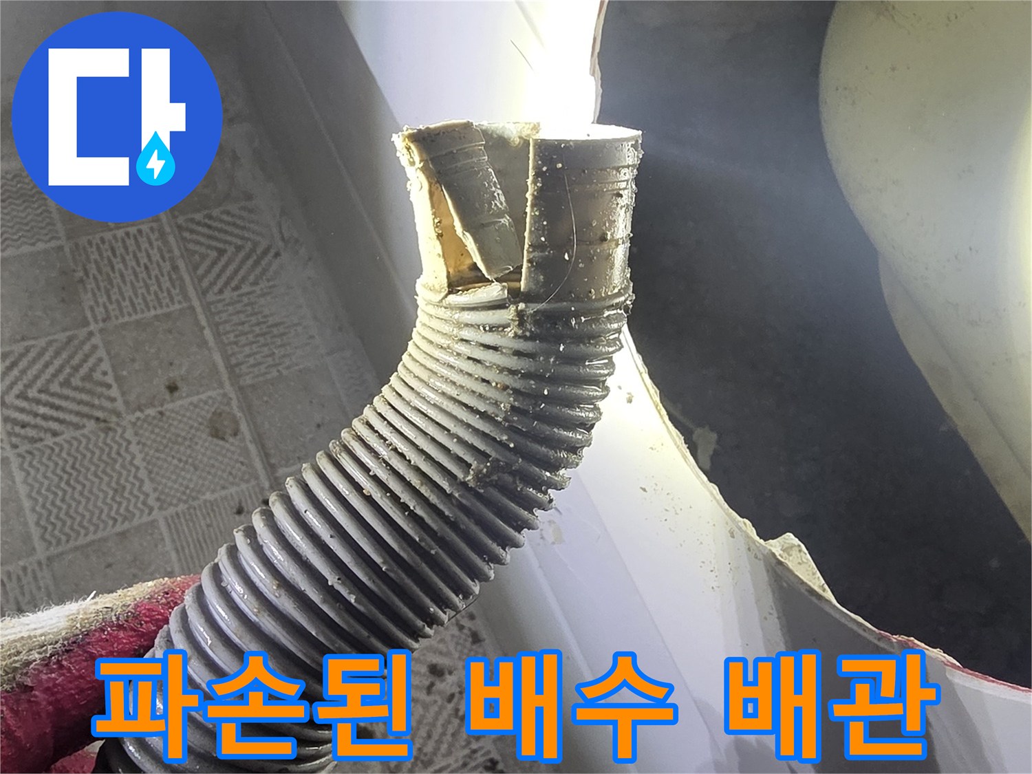 욕조 점검구를 통해 확인한-파손되어 찢어진 자바라 배수 배관