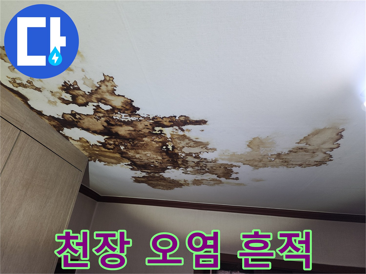 천장 곳곳에 나타난 심한 수분 침투 및 변색 부위