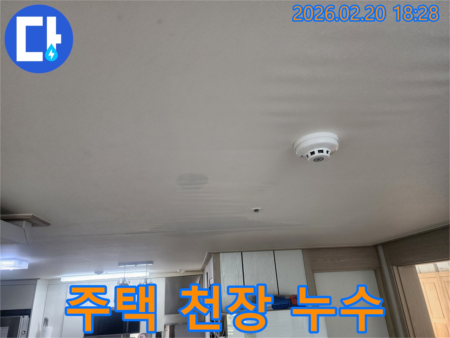 주택 천장에 물이 새어-얼룩이 생긴 모습을 보여주는-누수 현장 사진