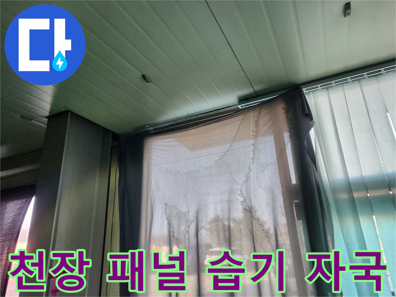 양주 상가 내부-천장 패널의 습기 흔적