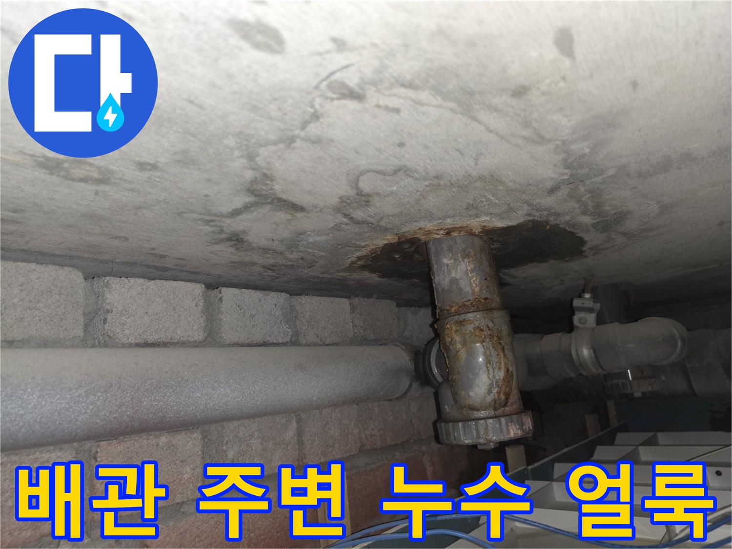 천장 매립 배관-부식된 금속 배관과 콘크리트의 습기 얼룩