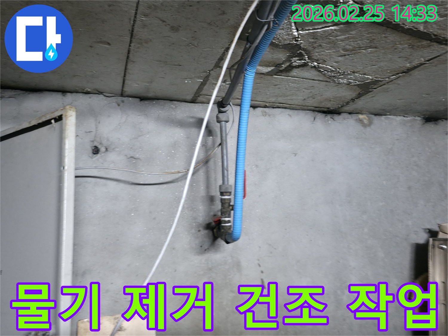 습기로 인해 젖어있는-천장과 배관 주변의 물기를-제거하고 건조하는 과정