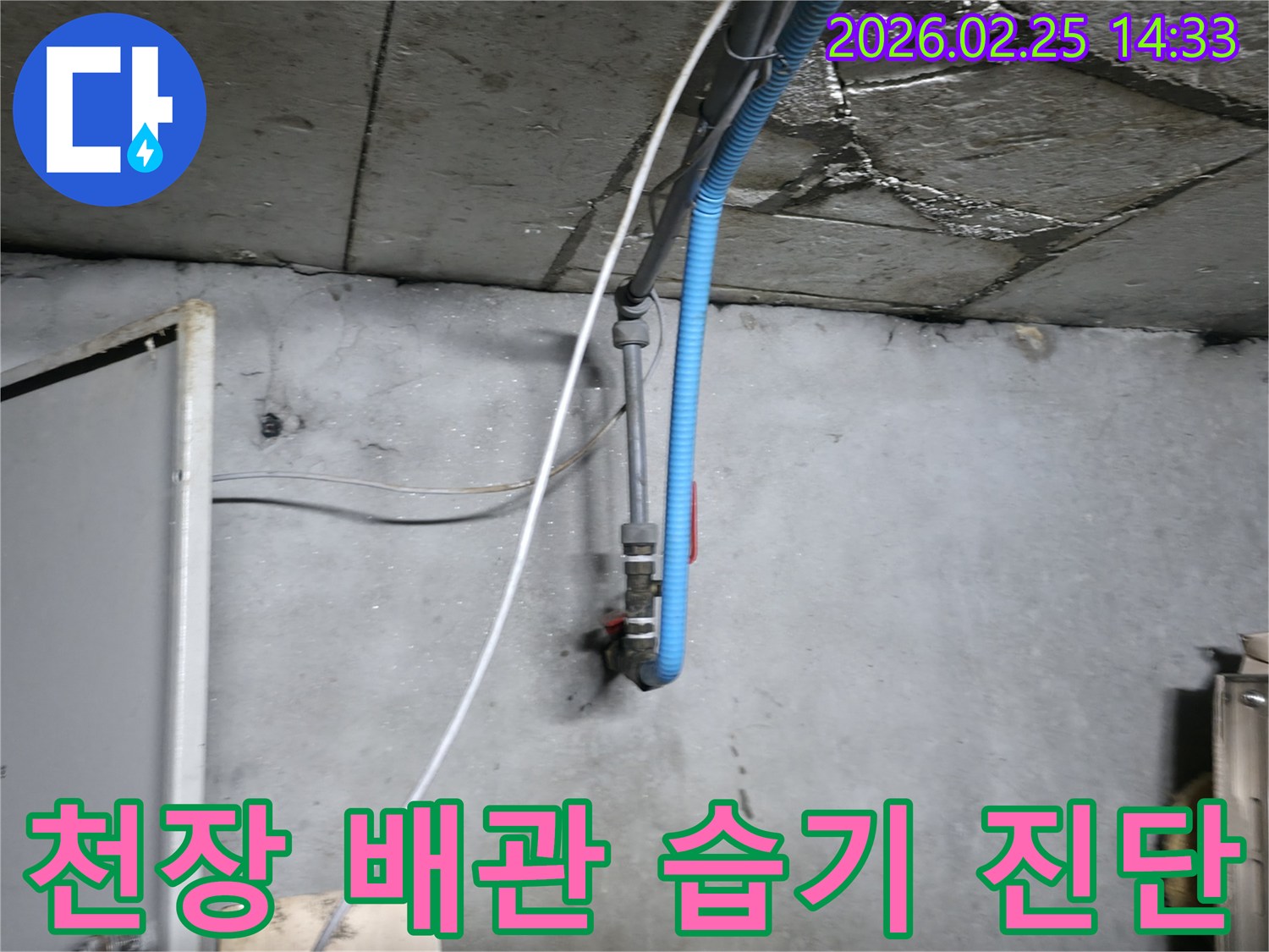 콘크리트 천장과-배관 주변에 나타난-습기 침투 흔적을 면밀히 살피는 모습
