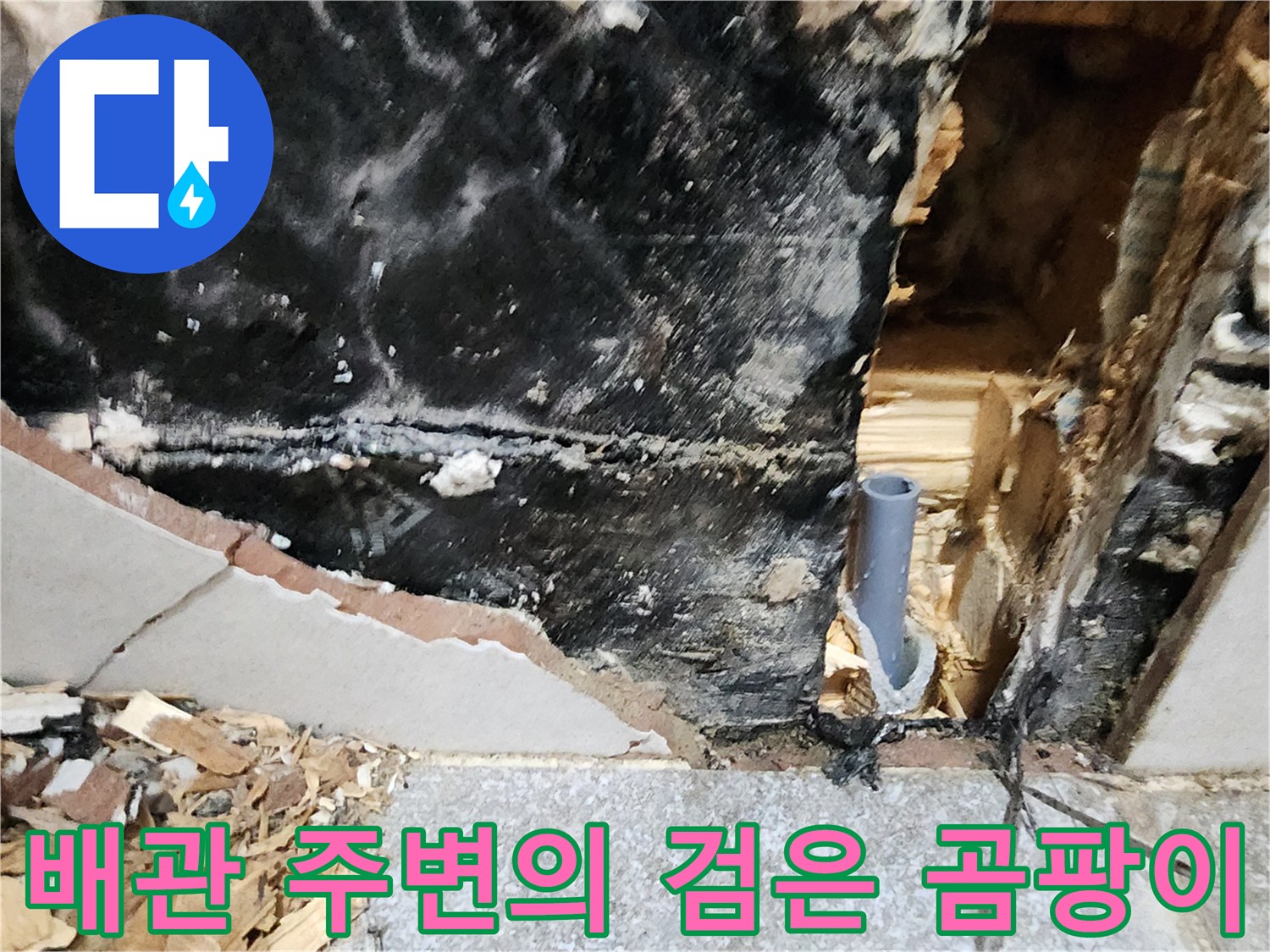 검게 변한 벽면과-습기를 머금은-배관 연결 부위