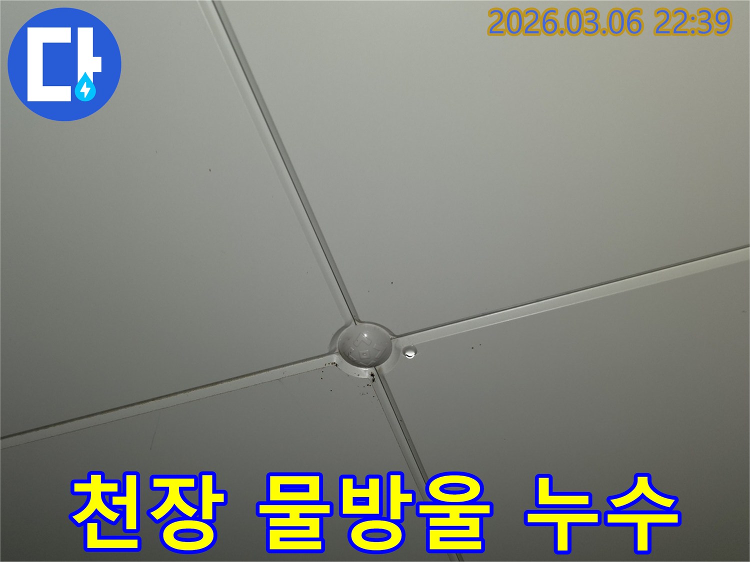 천장 마감재 교차점에서-물방울이 맺혀있는-누수 발생 현장