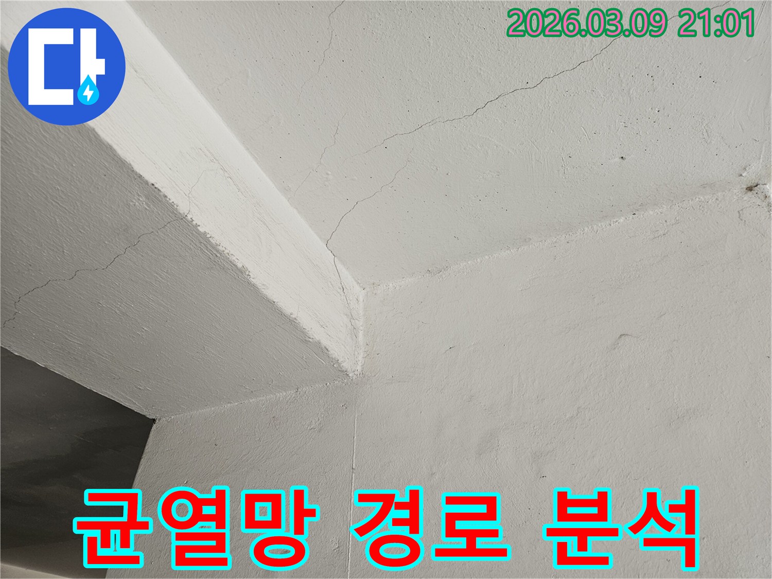 천장과-벽면에-걸쳐-복잡하게-얽힌-균열망을-통해-누수-경로를-종합적으로-분석하는-사진입니다