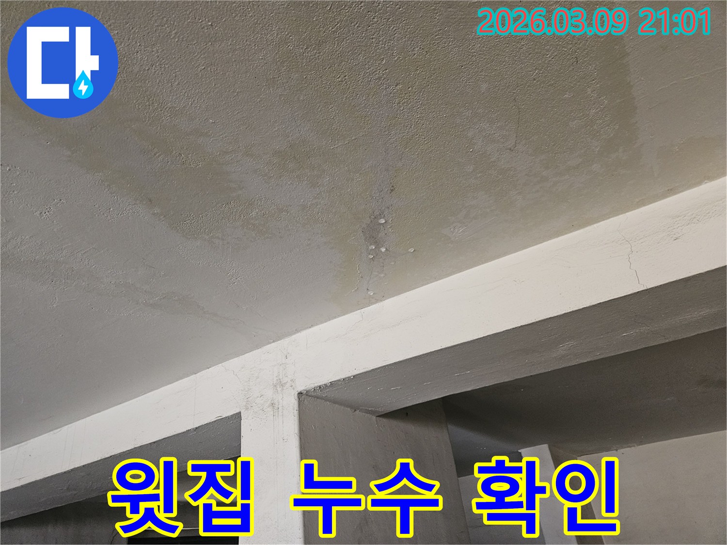 콘크리트 천장에서-물이 새어-물방울이 맺히고-얼룩진-누수 현장-사진입니다.