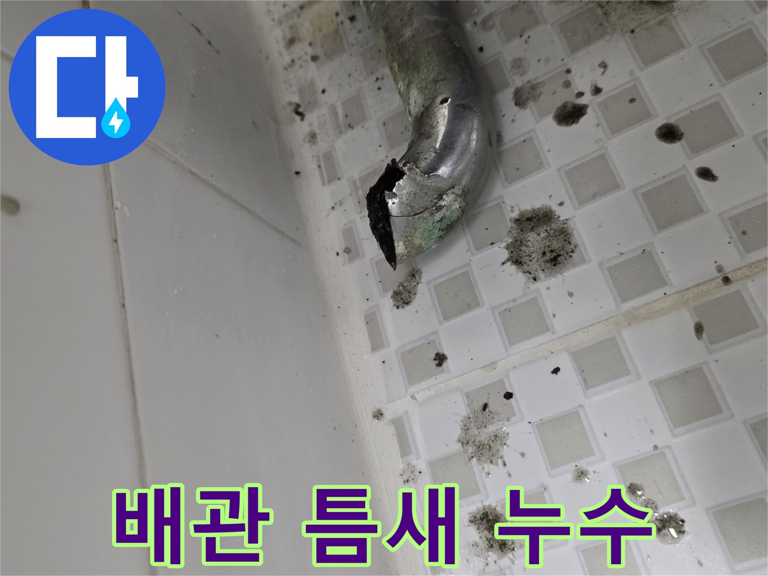 욕실 벽면 하단-찢어진 배수 배관 부위