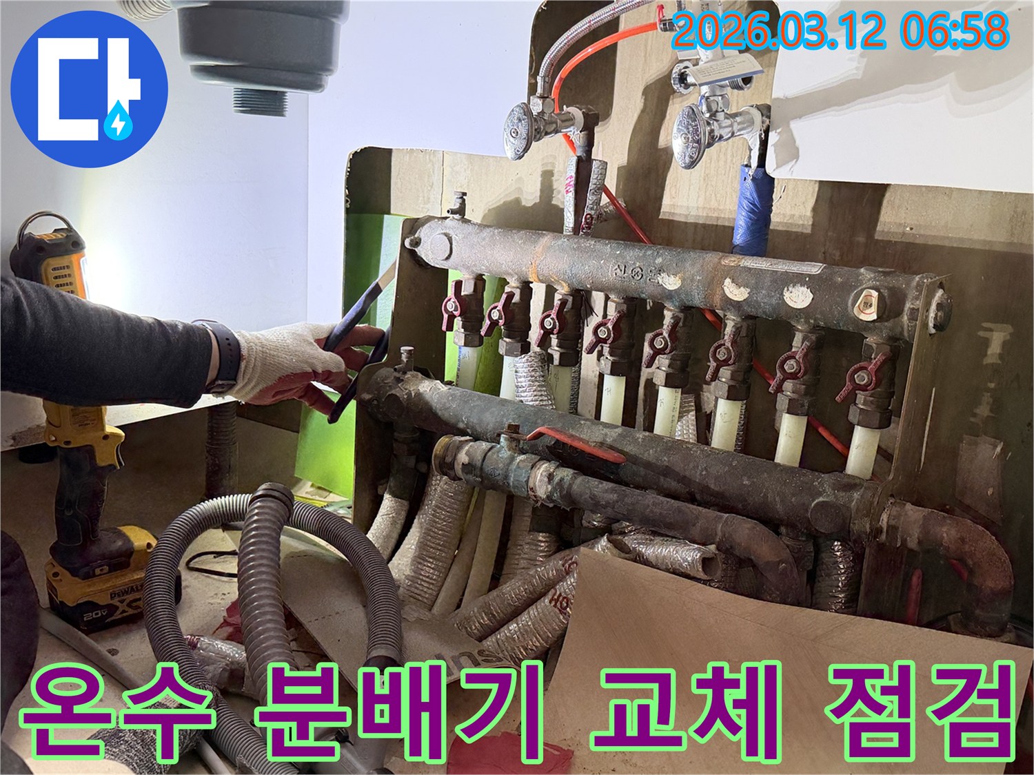 숙련된-엔지니어가-주택-온수-분배기-교체-작업-전-누수-방지를-위해-배관-상태를-정밀하게-점검하는-모습