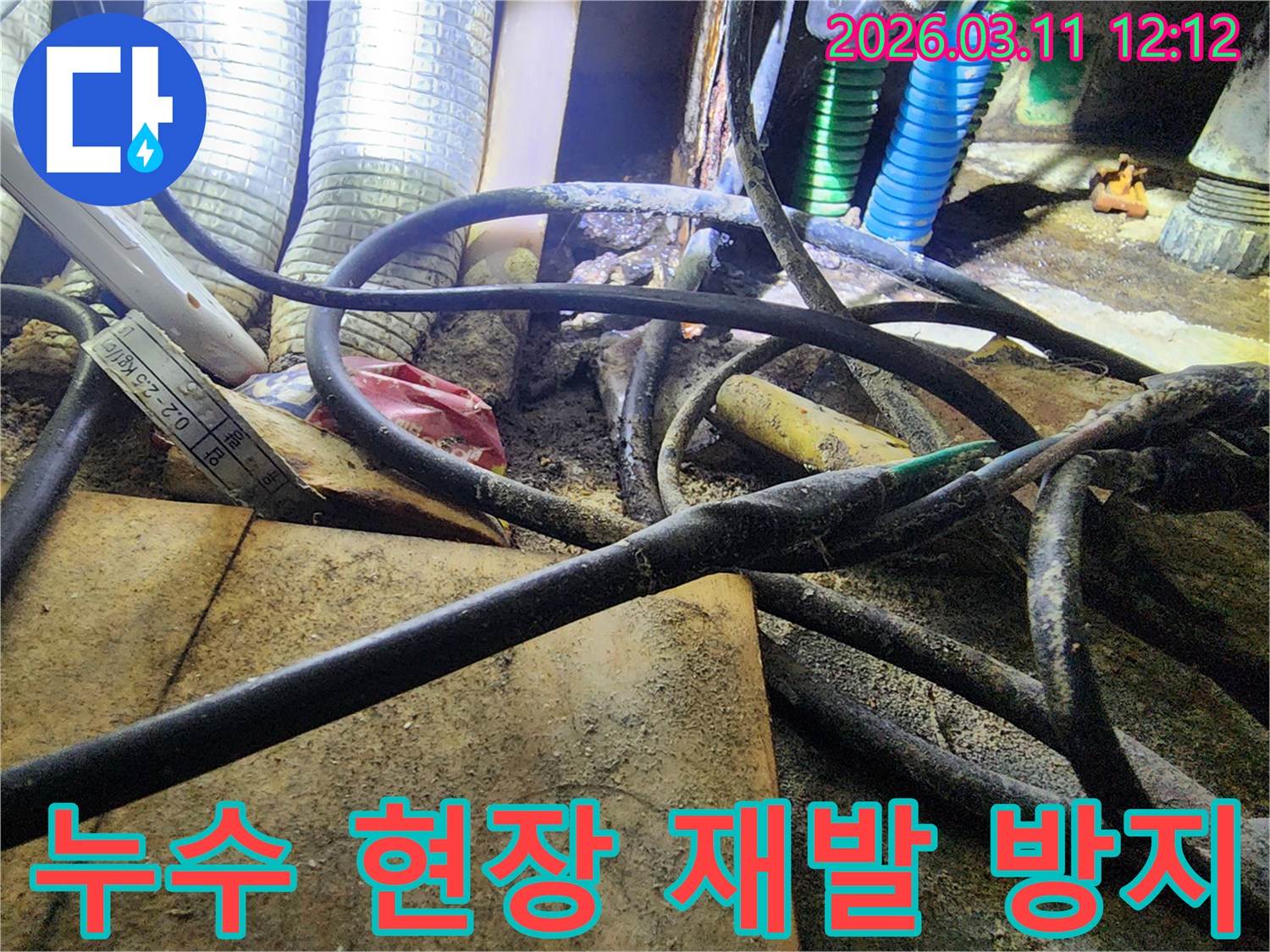 누수-공사 현장에서-복잡하게-얽힌-배관과-전선-사이의-오염된-환경을-보여주는-사진입니다.