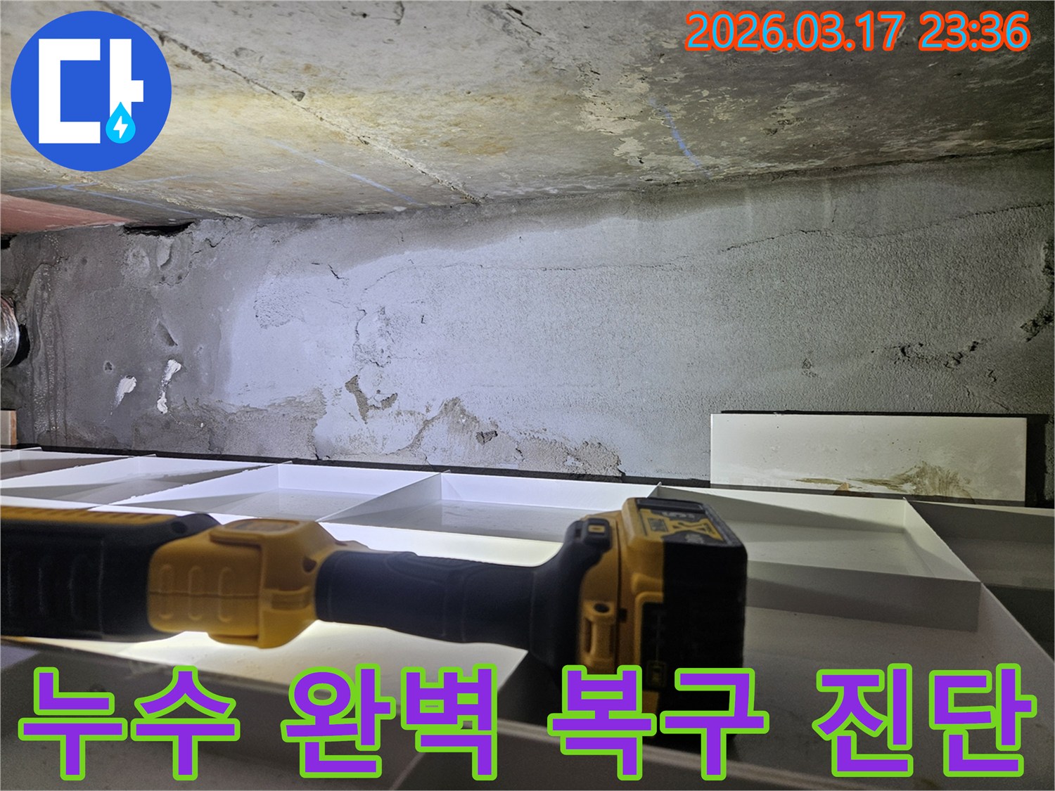 누수 전문 엔지니어가-천장 누수 발생 후-완벽한 복구를 위한-정밀 진단을 진행하고 있습니다.