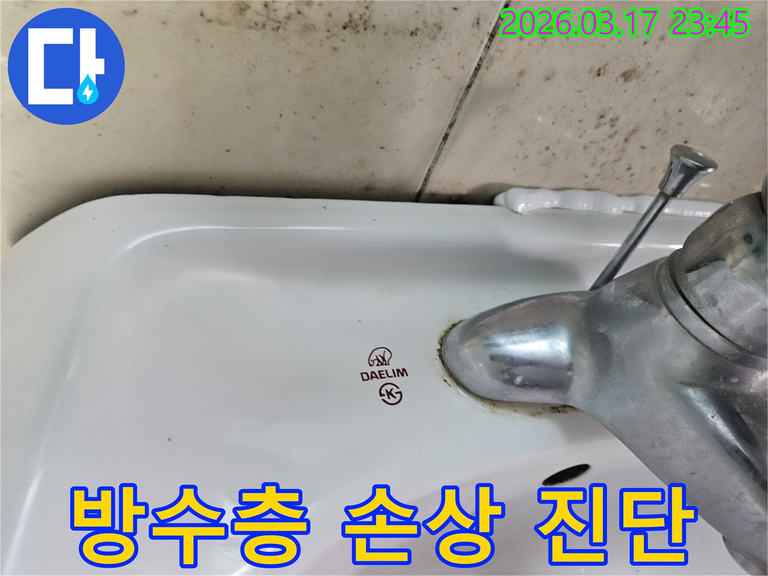 대림 세면대 수도꼭지 주변의 물때와-벽면에 번진 검은 곰팡이가-누수로 인한 욕실 방수층 손상 여부 진단이 필요한 현장을 보여줍니다.