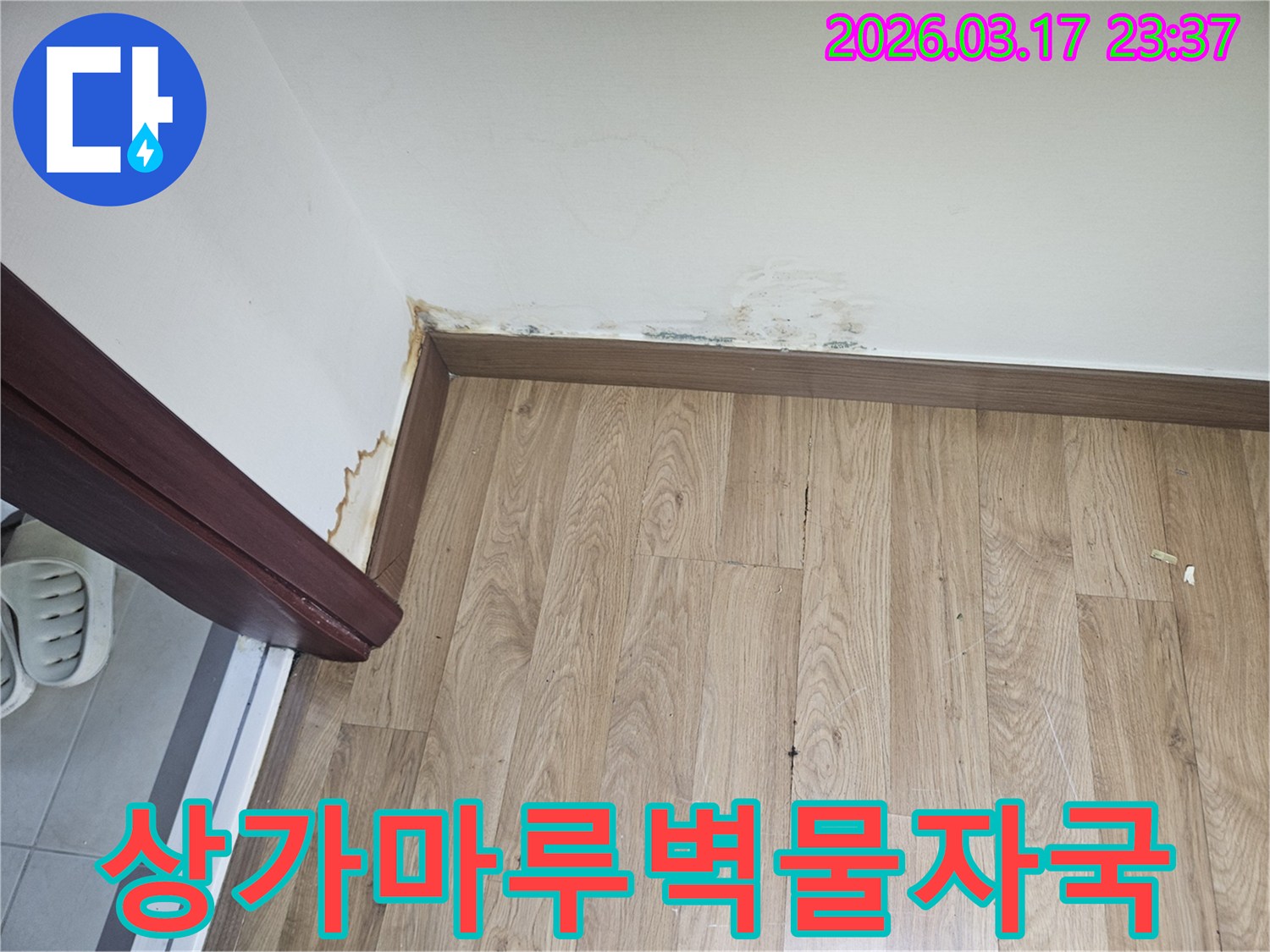 상가 마루 손상과-벽면 물자국이-발생한-누수 현장-사진입니다