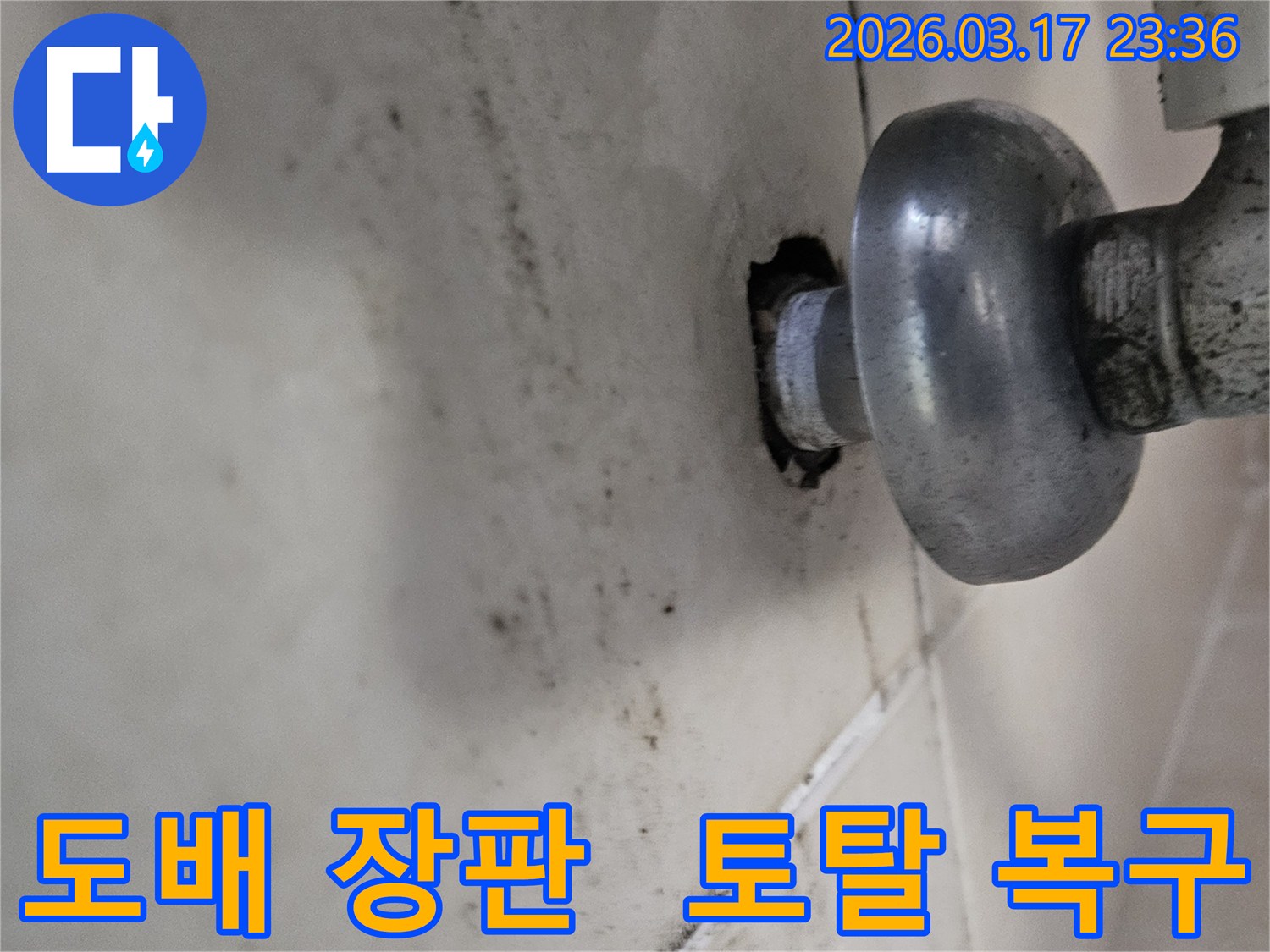천장-배관에서-발생한-누수로-인해-오염된-벽면과-도배-장판까지-포함한-토탈-복구-서비스를-제공하는-모습