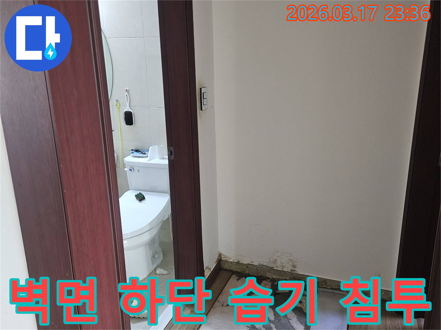 화장실 옆 벽면 하단에-누수로 인한 습기가 번져-벽지가 손상된 흔적입니다
