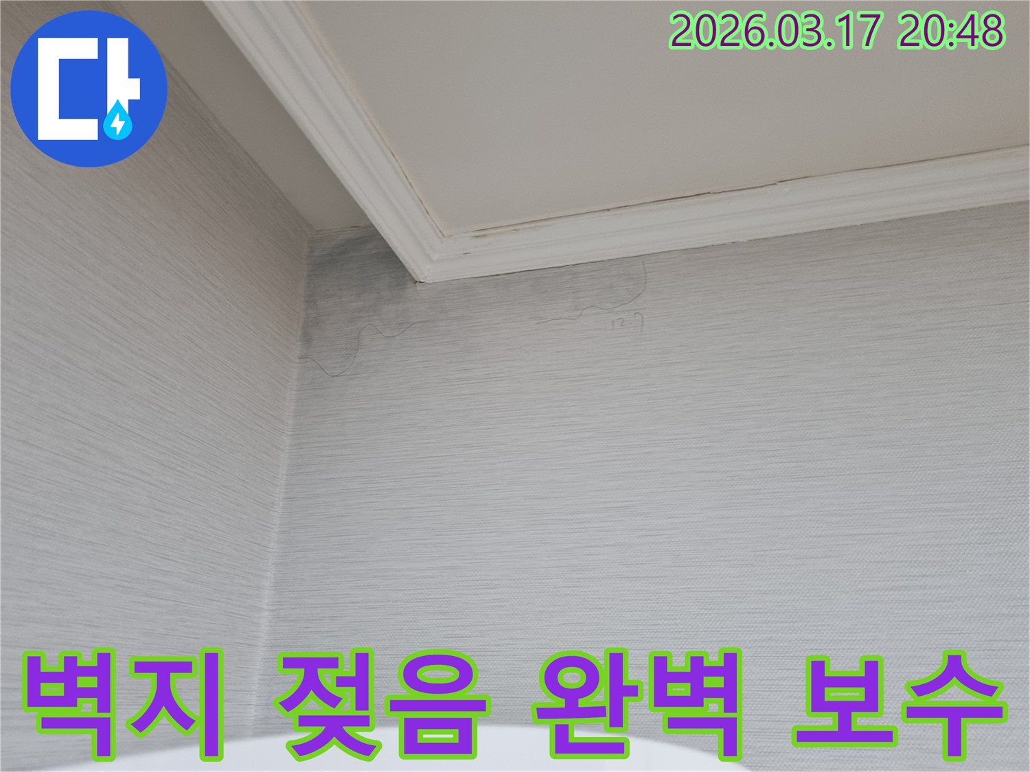 벽지가 젖어 변색된 모습-누수 전문가가 정밀 탐지 후 완벽하게 보수할 현장-재발 방지를 위한 철저한 작업