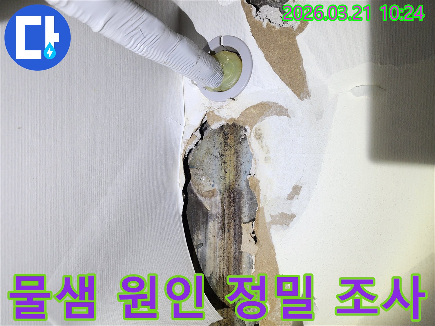 벽면-누수로-인해-벽지가-손상되고-곰팡이가-피어있는-곳에-정밀-누수-탐지-장비가-삽입되어-있는-사진