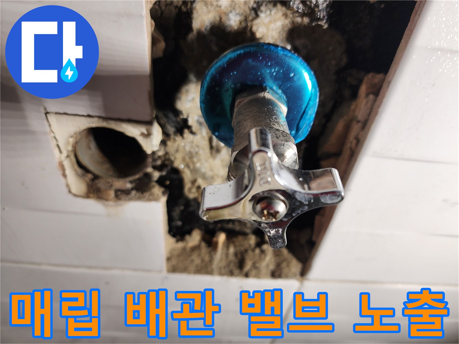 타일 내부에서 확인된 파란색 손잡이의 직수 제어 밸브