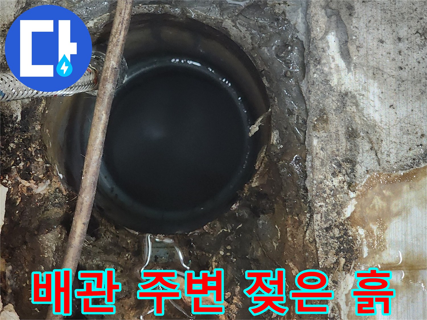 배관 주위에 고여 있는 물과 젖은 토양 모습