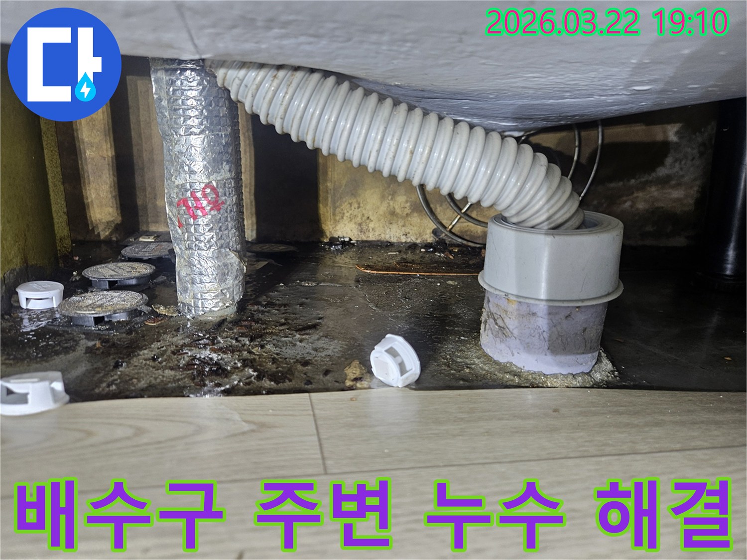다세대주택 배수구 주변에서-누수가 발생하여-오염된 바닥을-전문가가 완벽하게 해결하는 과정