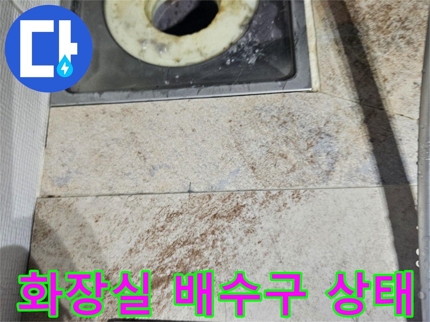 화장실 천장-배수구 주변의 습기와 얼룩 확인
