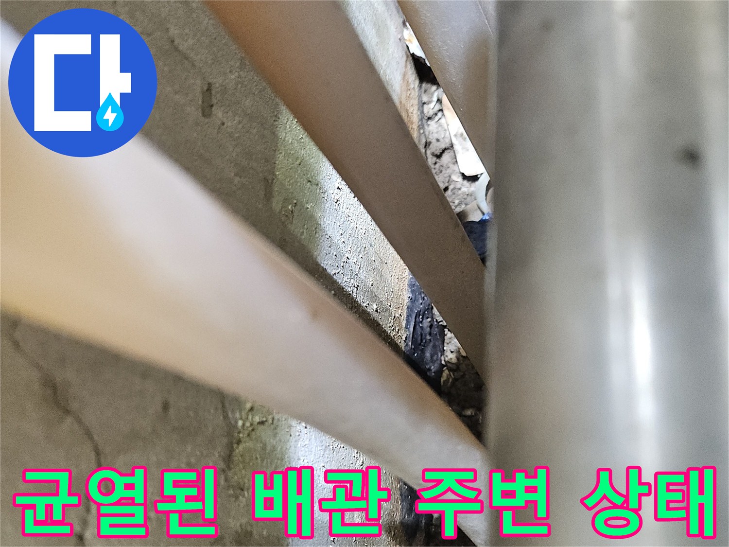 배관 사이의 갈라진 콘크리트와 습윤한 표면