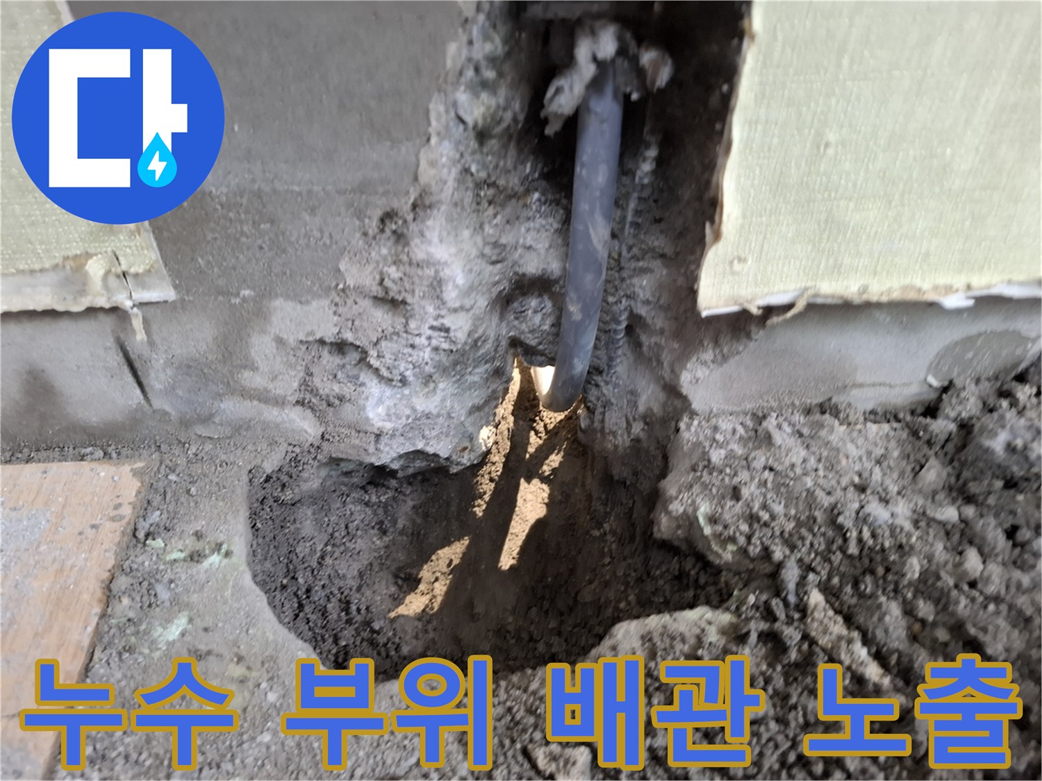 배관 교체 현장 - 젖은 흙과 함께 드러난 손상된 온수 관로