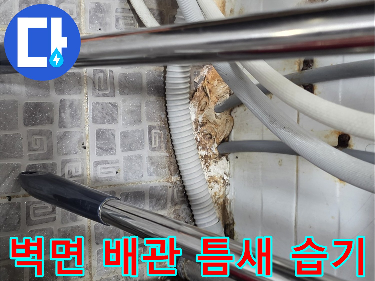 벽면 하단 배관-주변의 젖은 마감재와 물기가 스며든 흔적을 촬영하였습니다.