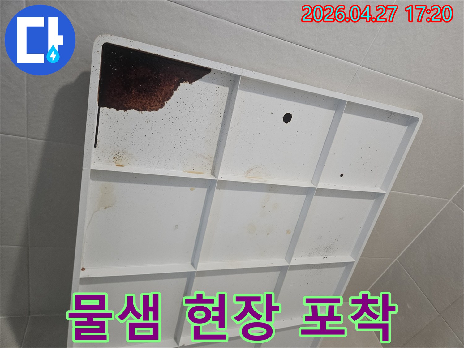 누수 전문가가 현장을 방문하여-촬영한-욕실 배수판의-물 고임 사진입니다.