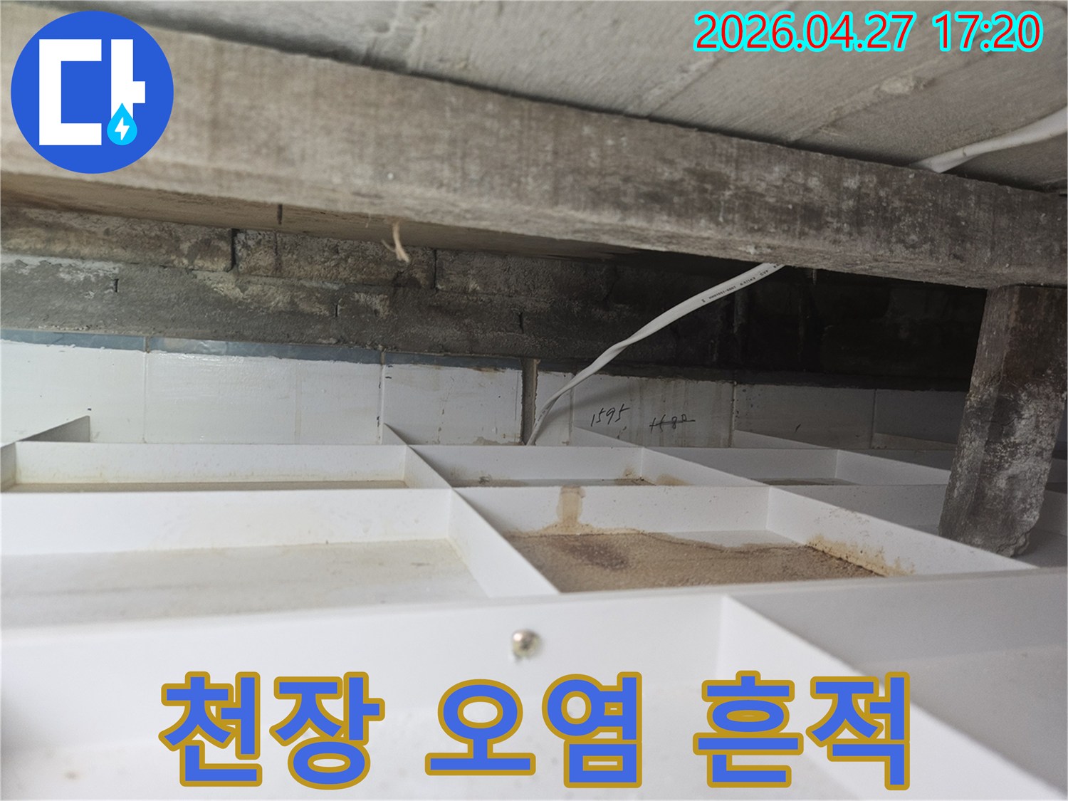 화장실 천장 내부에서-발견된 오염 흔적과-이물질을-가까이서-촬영한-사진입니다