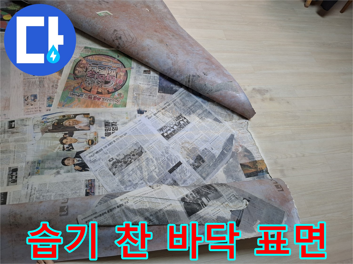 신문지가 젖어 있는 누수 현장 내부