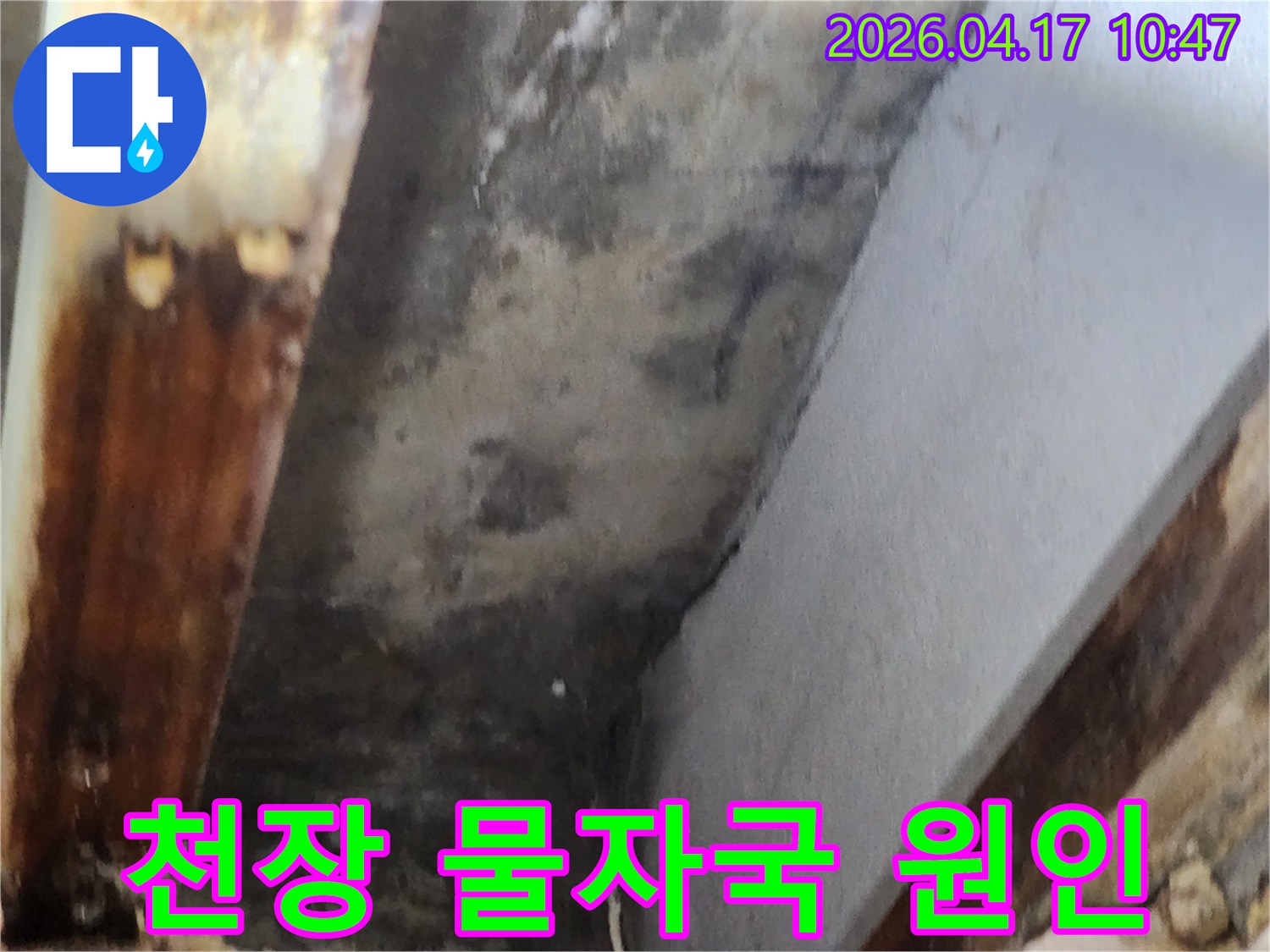 천장 모서리 부분에 나타난 심한 물자국과-습기로 인한 오염 상태를 보여주는 이미지입니다