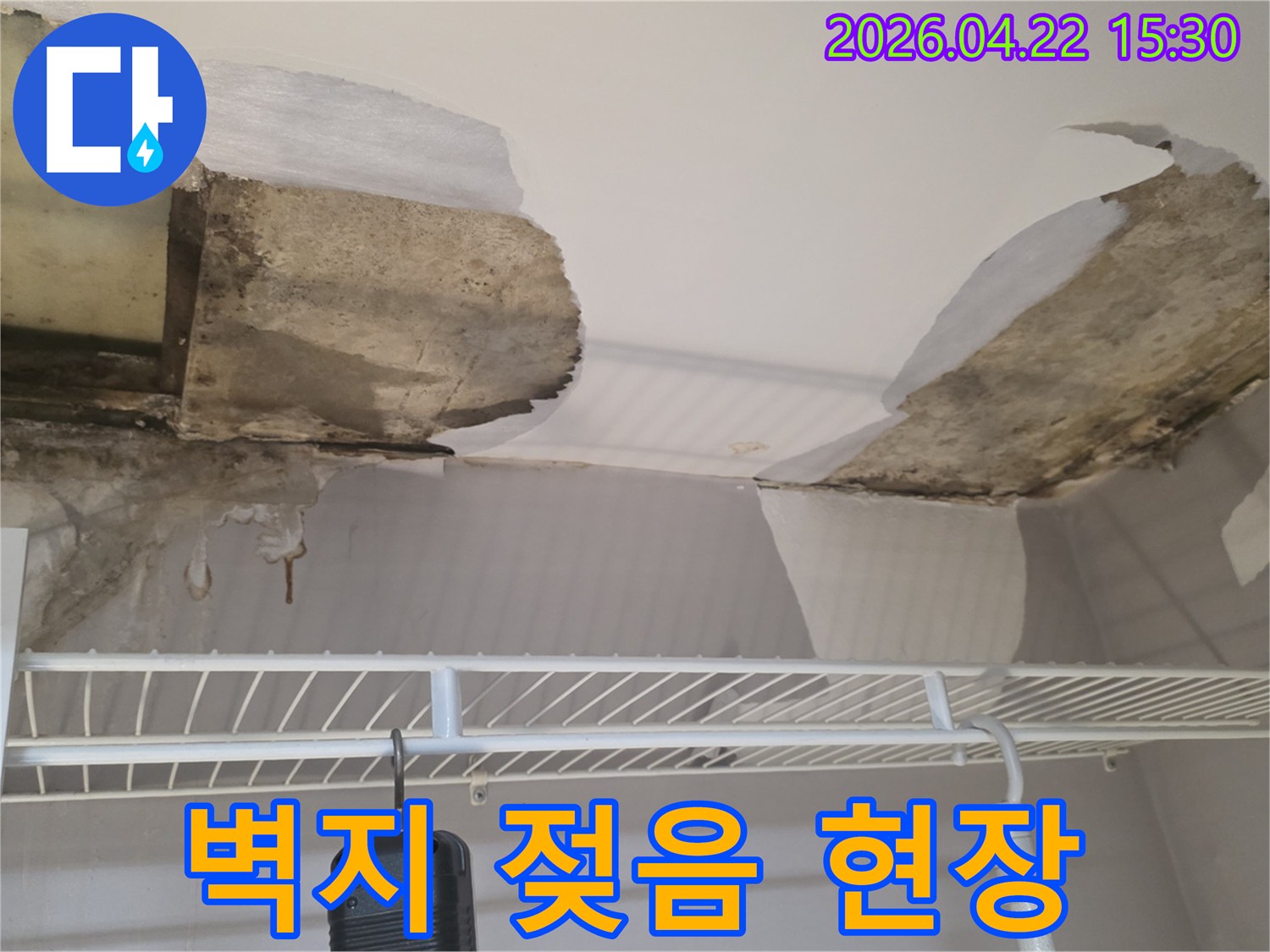 천장 벽지가-젖어 벗겨지고-콘크리트가-노출된-누수-피해-사진입니다.