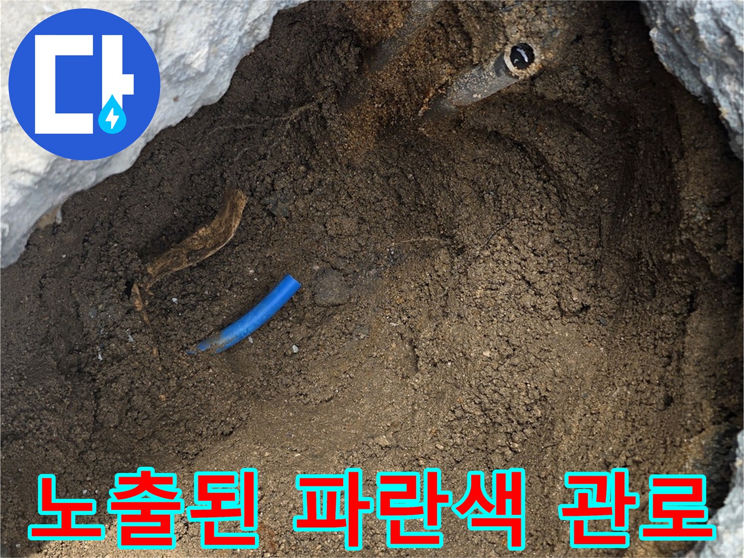 중랑구 작업지-흙 속에 노출된 파란색 PE 수도 배관