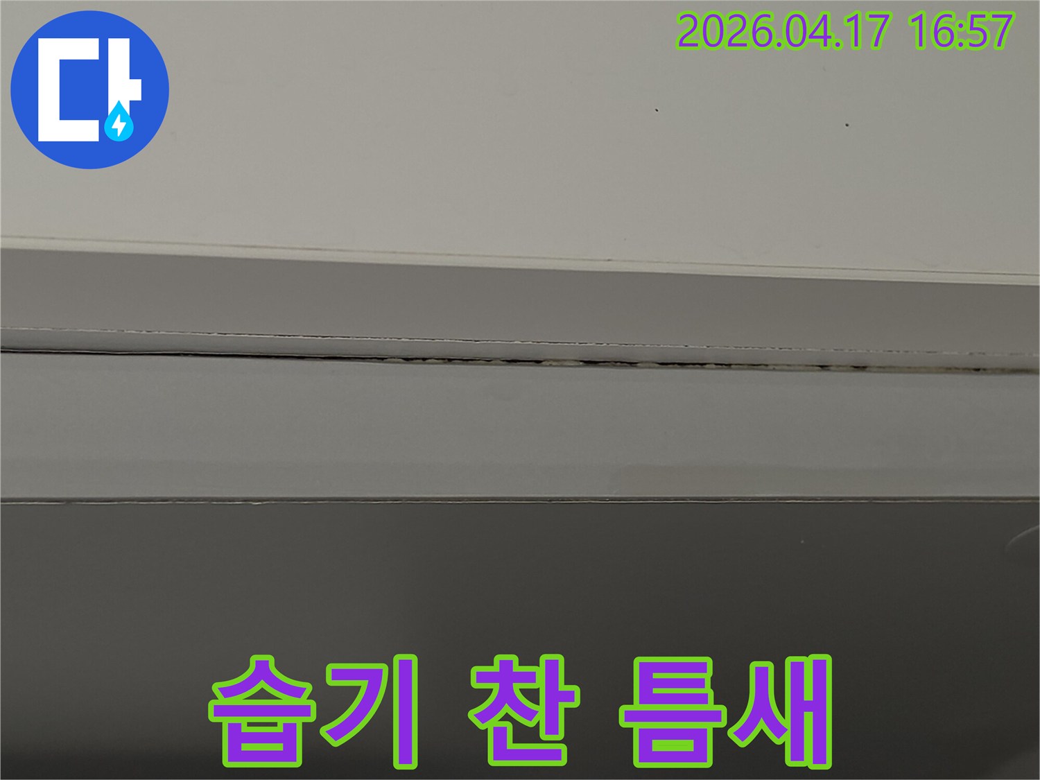 벽과-천장-사이-틈새에서-발견된-누수-징후인-곰팡이를-상세하게-보여주는-사진입니다.