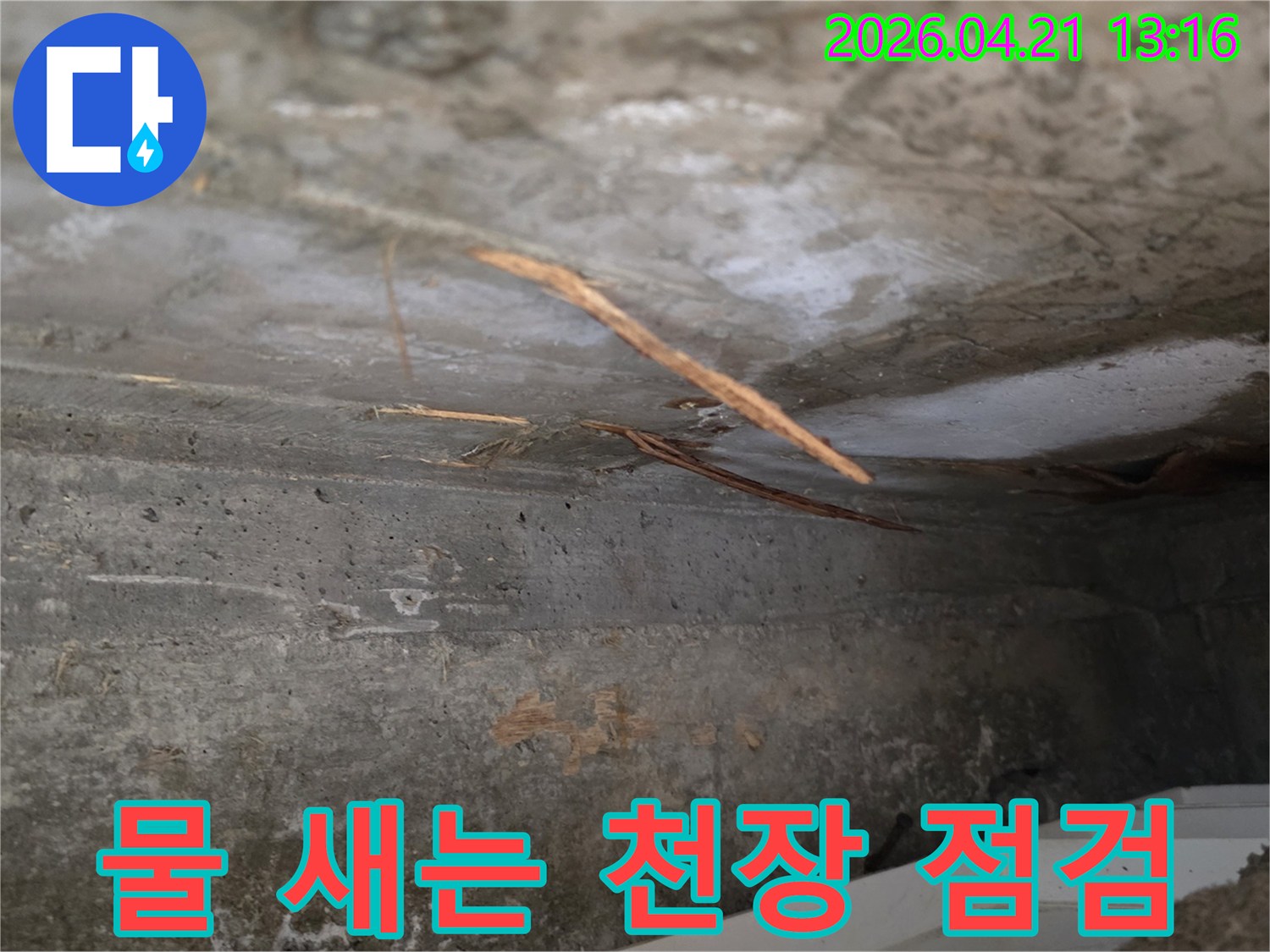 누수 발생 지점의-천장 콘크리트에서-관찰된-물기와-함께-나타난-이물질