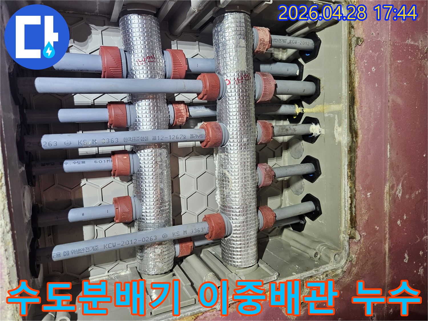 김포-사우동-아파트-수도분배기-이중배관에서-발생한-누수-현장을-정밀하게-점검하는-모습