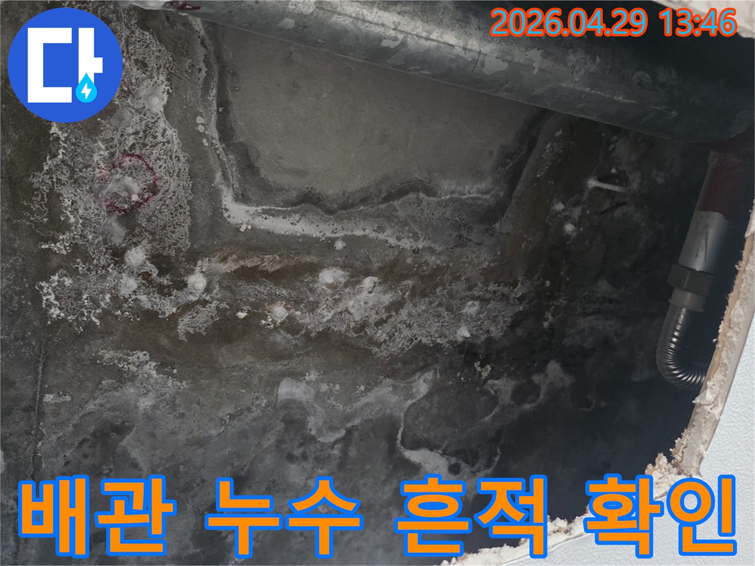 천장 콘크리트와-배관 주변에 누수로-인한 물자국과 얼룩이 선명하게 보이는 사진입니다.