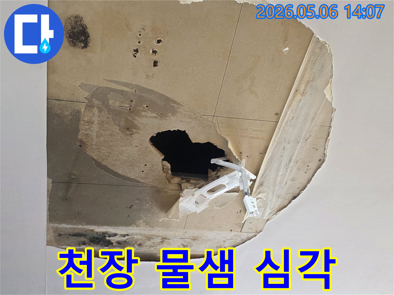 천장에서-물이-새어-심하게-손상되고-구멍이-나며-곰팡이가-생긴-누수-현장