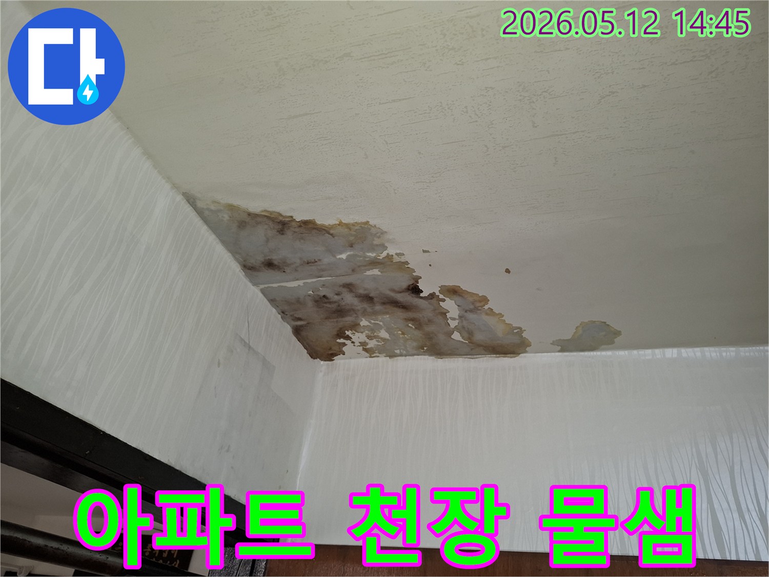 오래된 아파트에서-발견된 천장 누수로-인해-벽면까지-물이 흘러내린-모습을 담고 있습니다