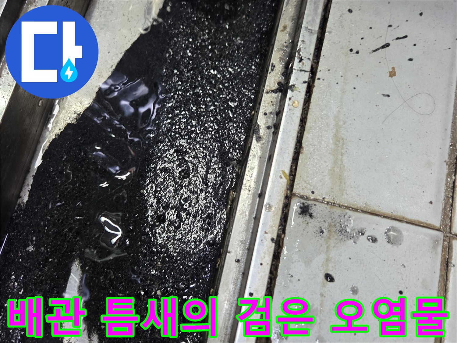 검게 변한 오수가 배관 주위 타일 틈에 스며들어 있는 모습