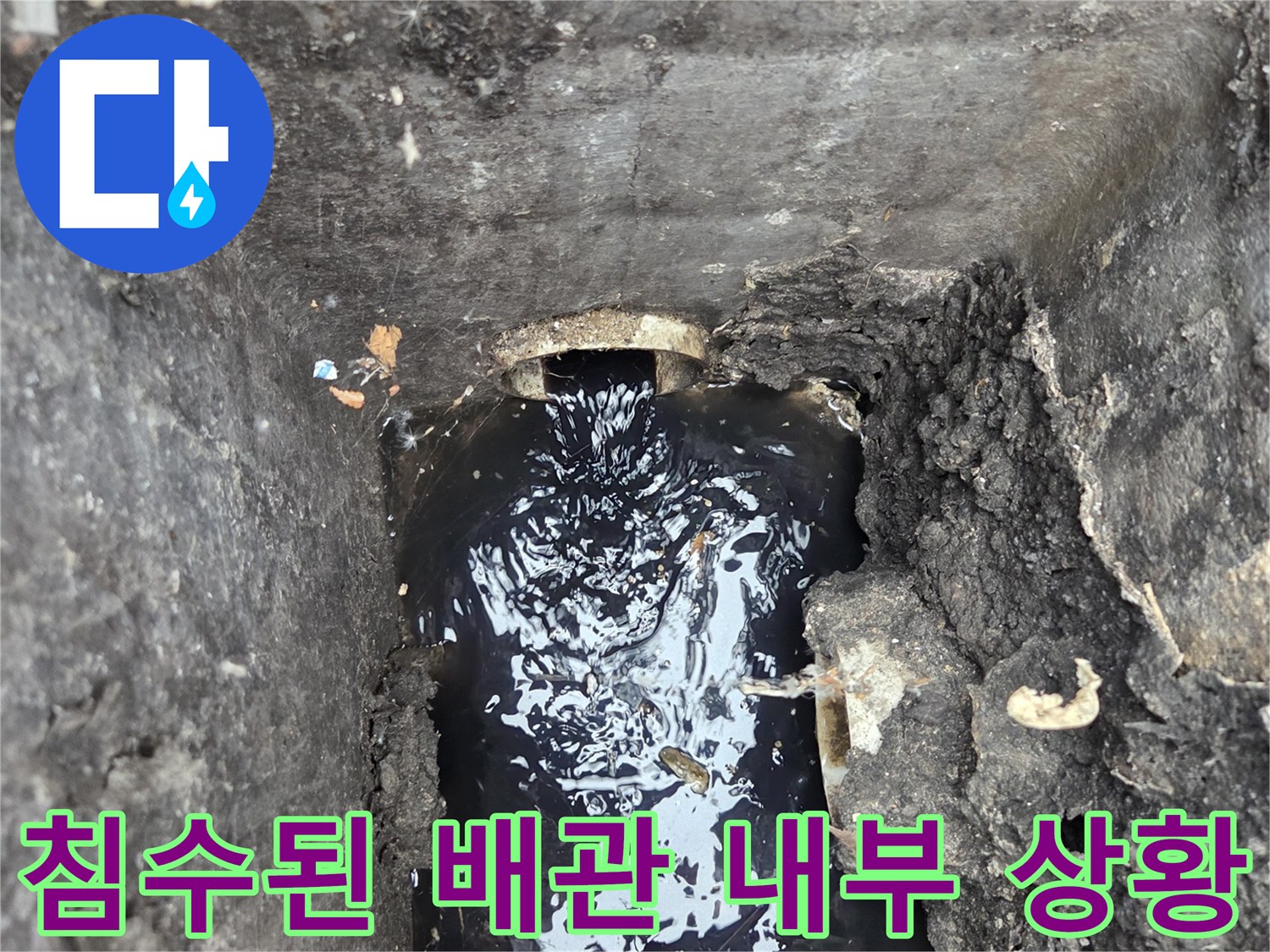 하수구 배관 내부에 오물이 섞인 물이 차 있는 모습