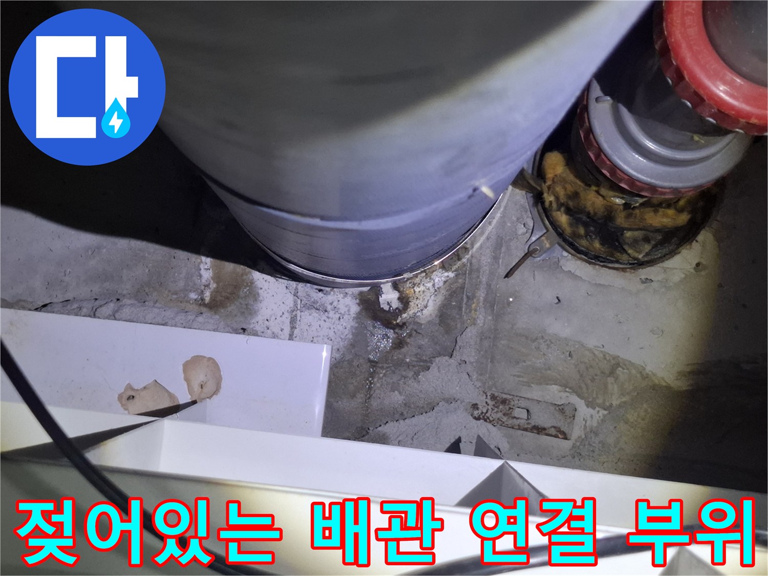 파주 금촌 현장의 오수관 주변 젖은 바닥과 배관 상태