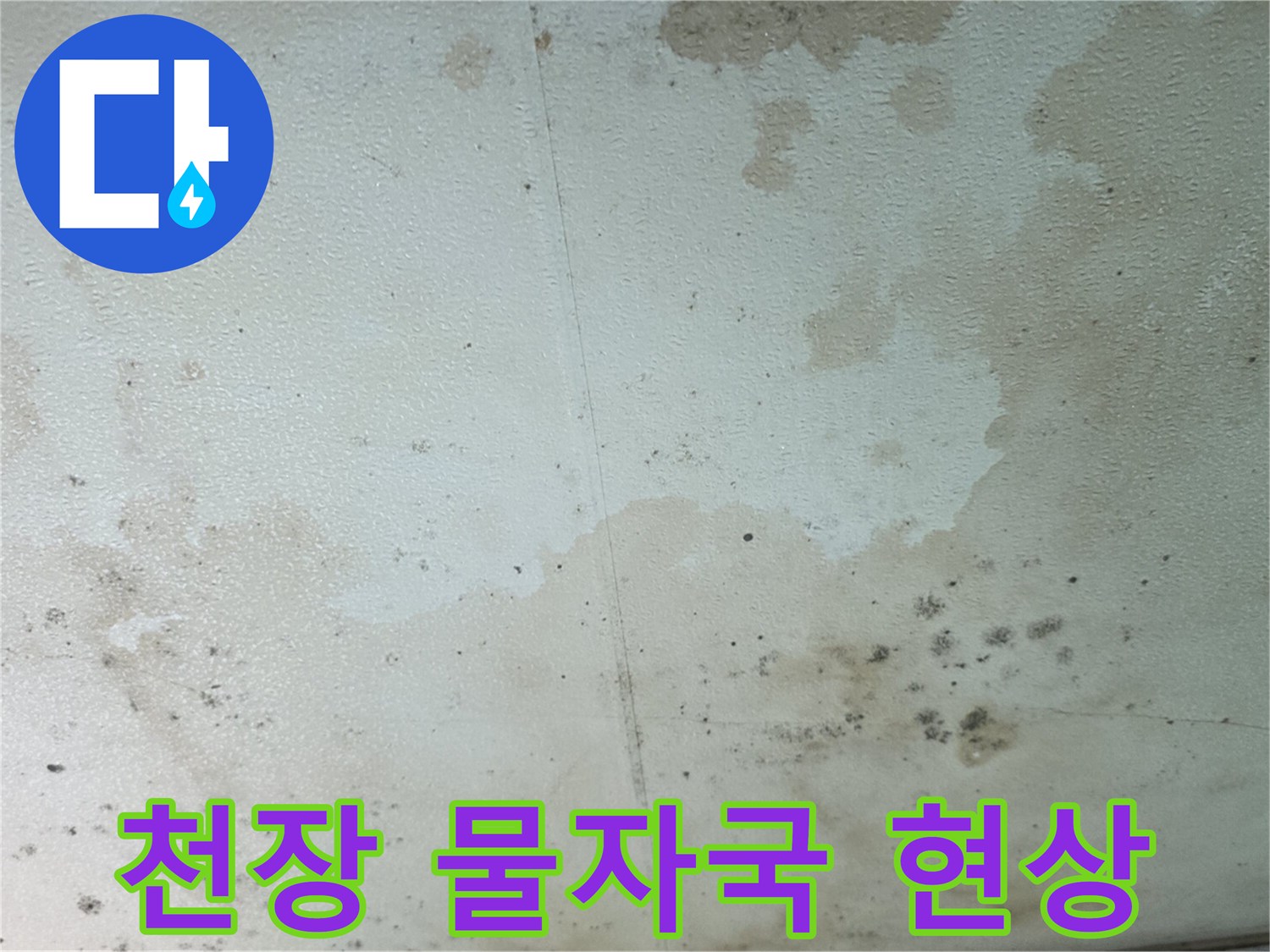 물샘으로 인해 갈색으로 변한 천장 벽지 모습