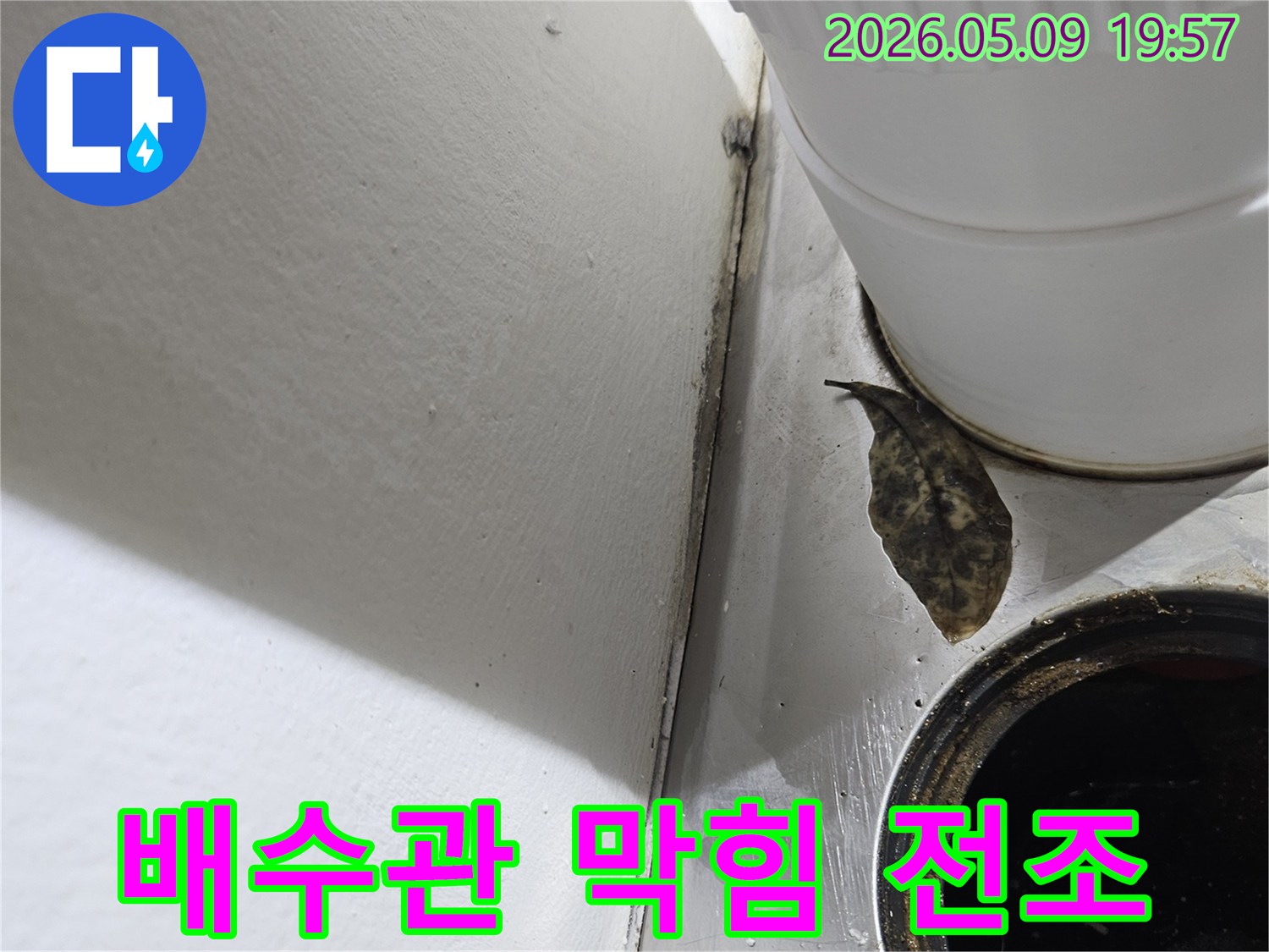 배수구에 쌓인-이물질과-주변 오염은-배관 막힘으로 인한-누수 전조 증상임을-알려주고 있습니다.