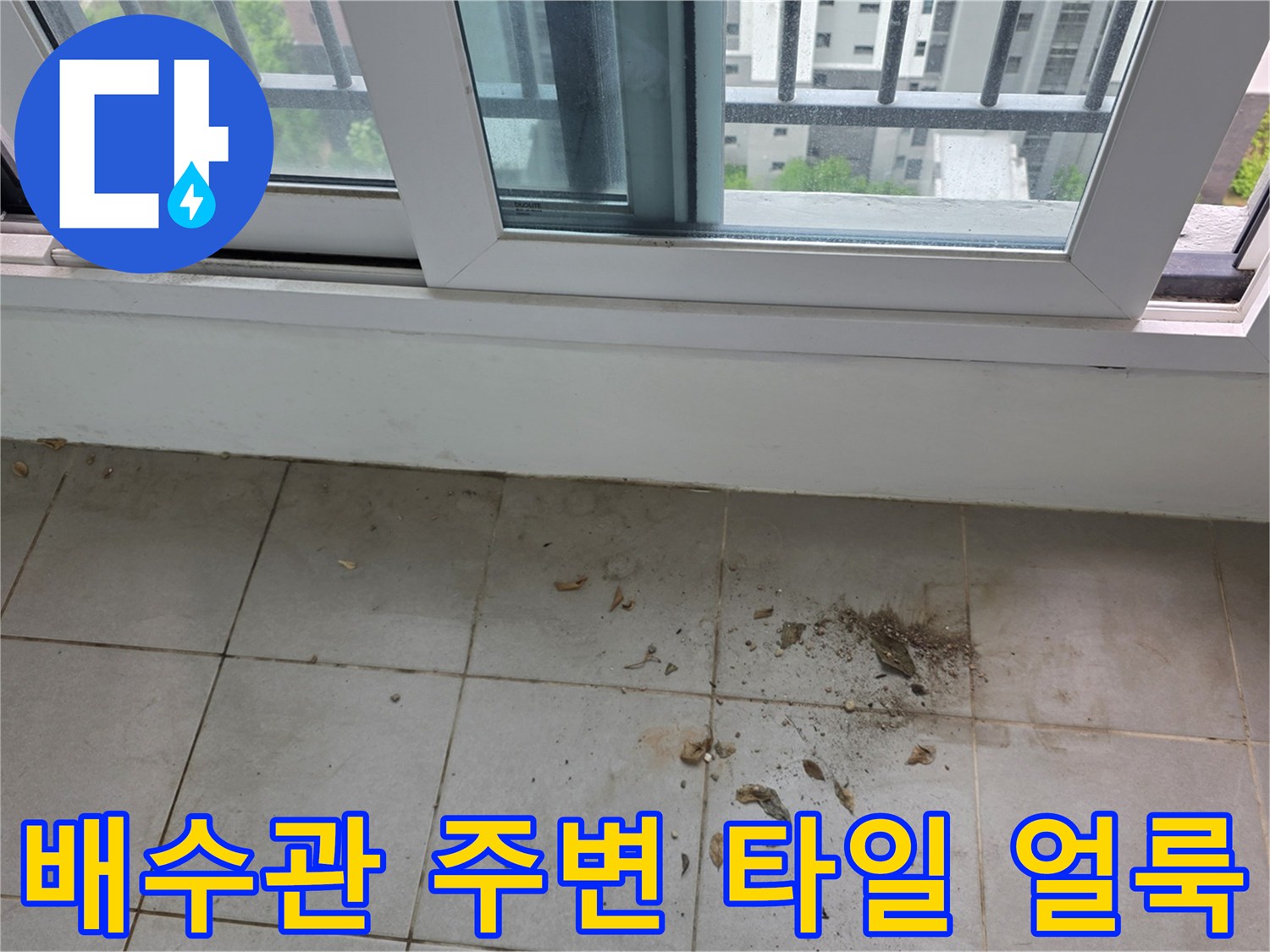 세탁실 배수관 하단-타일 틈새의 오염된 상태를 보여주는 사진