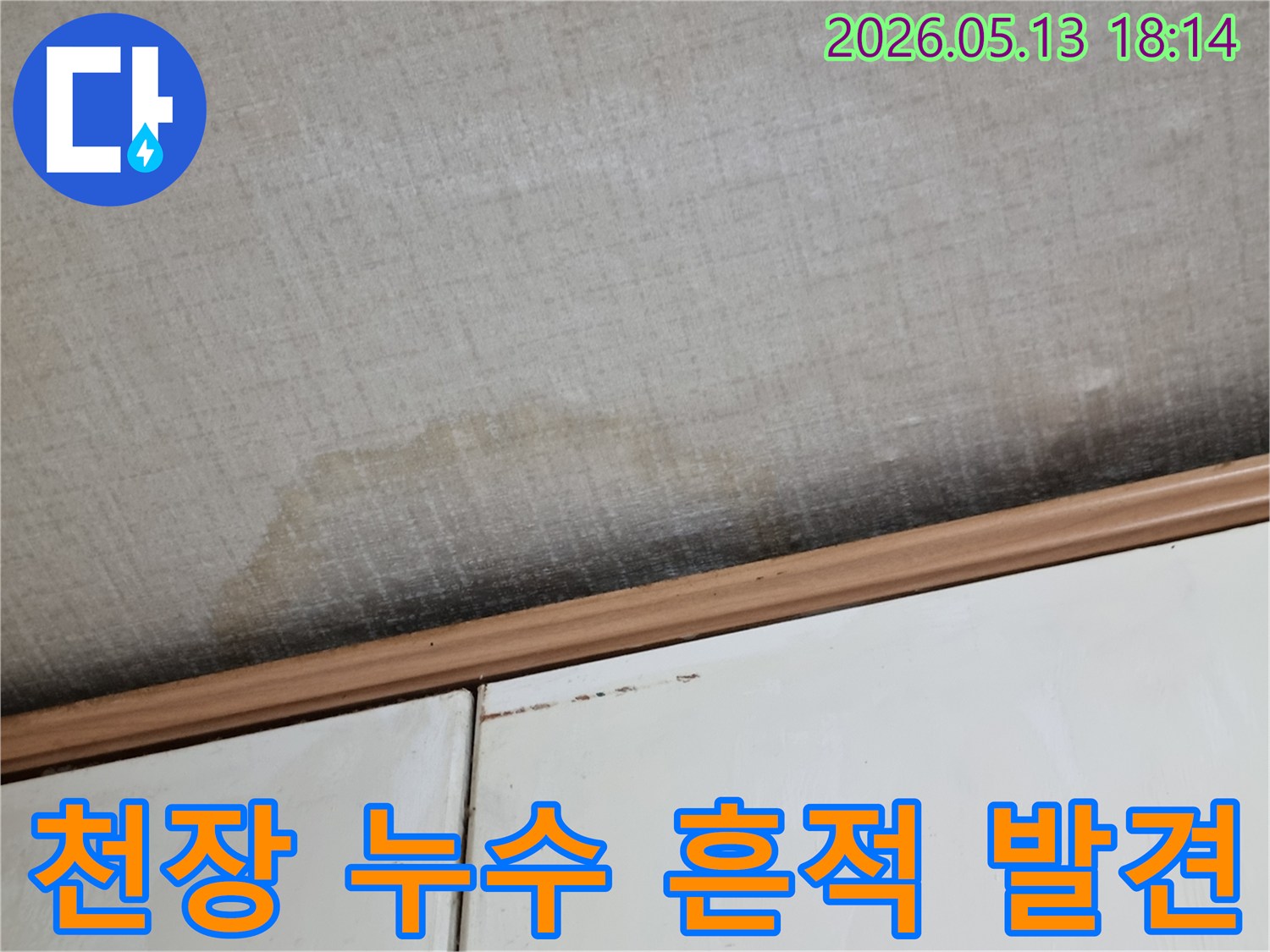 이 사진은-천장에 나타난-누수 흔적과-곰팡이로 인한-오염 상태를-보여주고 있습니다