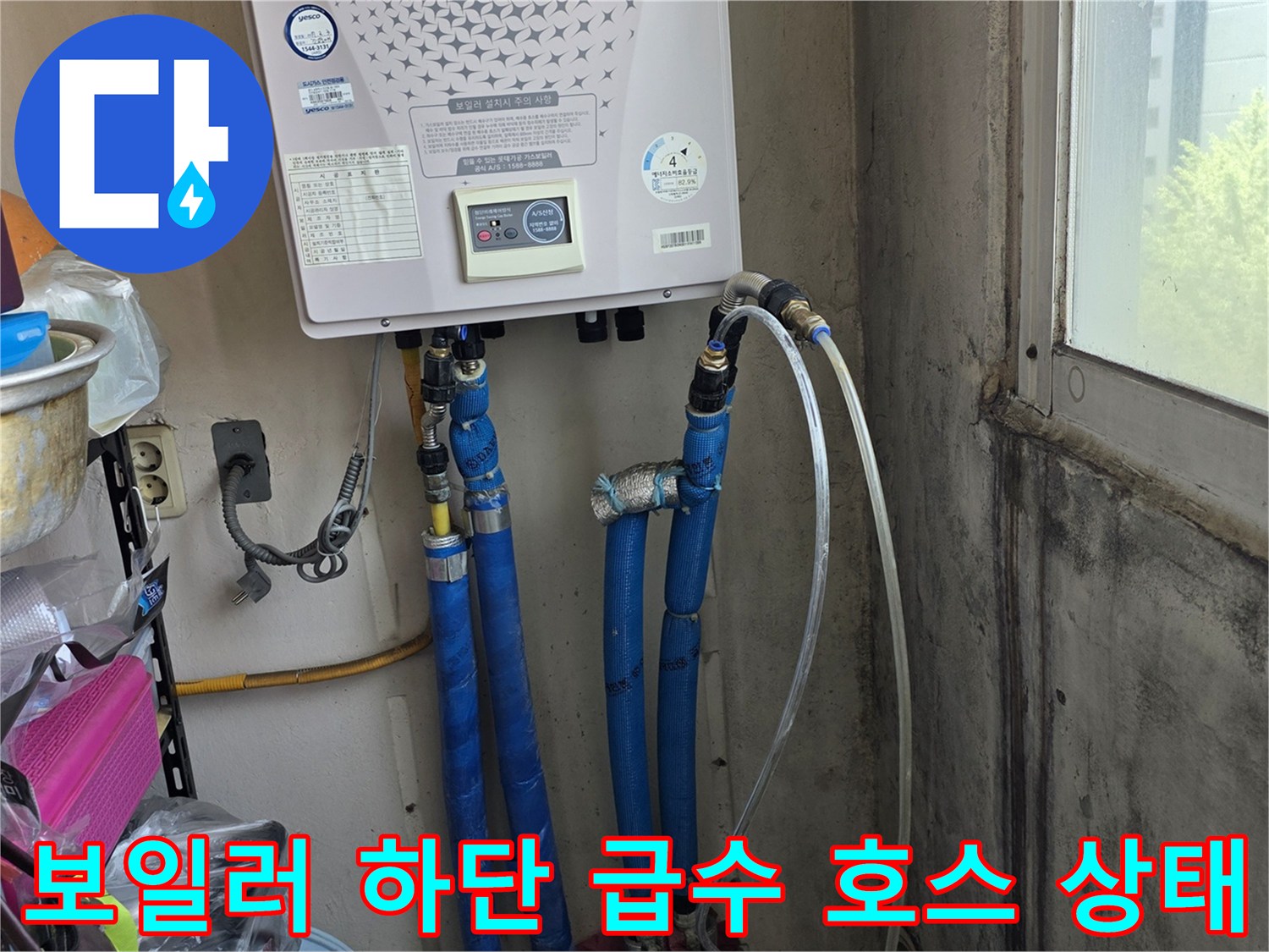 보일러 아래쪽 파란색 주름관과 연결된 부속들의 누수 여부 점검