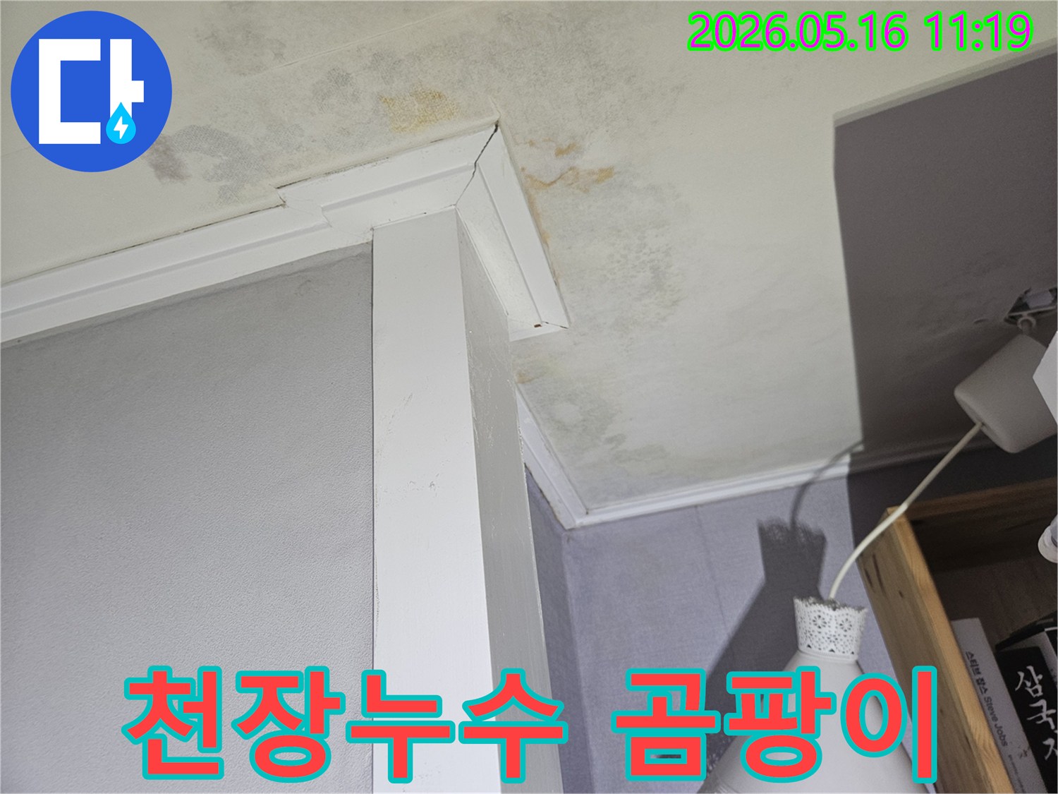 천장과-벽면-모서리에-발생한-심각한-누수-흔적과-곰팡이-피해를-보여주는-사진입니다.