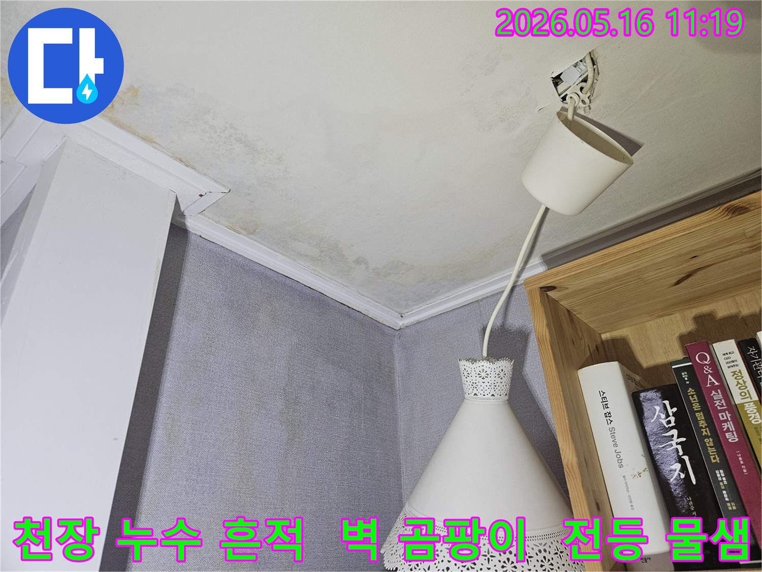 천장에서 물이 새어-벽에 곰팡이가 생긴-누수 현장을 보여주는 이미지